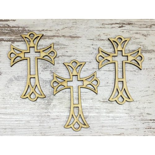 Natural wood - Cross decorated 10cm 3pcs/pack