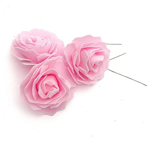 Trandafir roz de spuma de 6 cm cu tulpina si sclipici