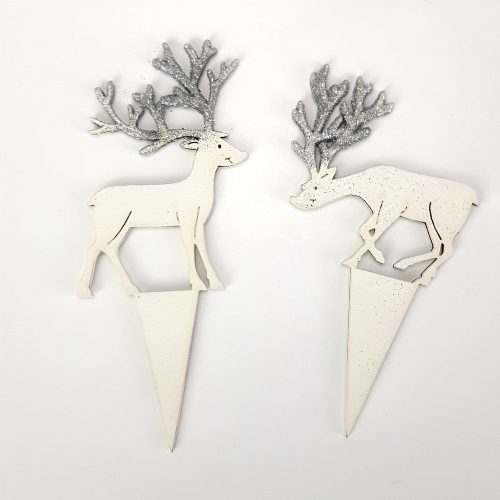 Naturholz - Paar Hirsche mit Nieten, 2 Stück/Karton, weiß-silber glitzernd