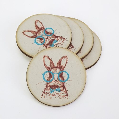 Bedrucktes Holzbrett - Trendiger Hase mit Brille, rundes Brett 5 Stück/Karton