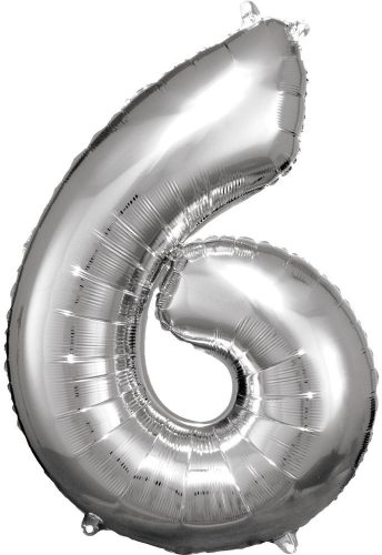Ezüst Silver óriás szám fólia lufi 6-os, 86x58 cm