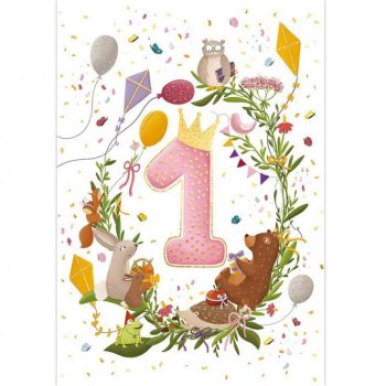 Első születésnap Pink üdvözlőkártya + boríték Első születésnap Pink üdvözlőkártya + boríték