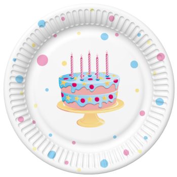 Happy Birthday Cake with Balloons papírtányér 8 db-os 18 cm   Happy Birthday Cake with Balloons papírtányér 8 db-os 18 cm
