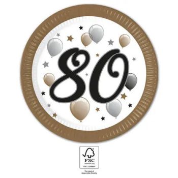 Happy Birthday 80 Milestone papírtányér 8 db-os 23 cm FSC Happy Birthday 80 Milestone papírtányér 8 db-os 23 cm FSC