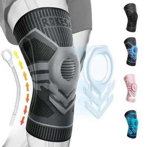 Rokesa Knee Brace, Professional Pain Relief with Side Stabilizers and Patella Gel Size S (Grey)