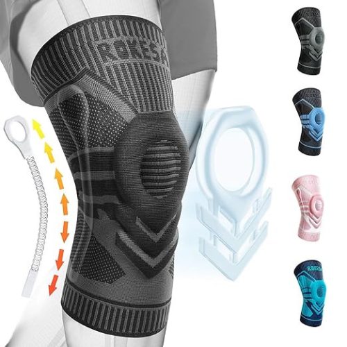 Rokesa Knee Brace, Professional Pain Relief with Side Stabilizers and Patella Gel Size M (Black)