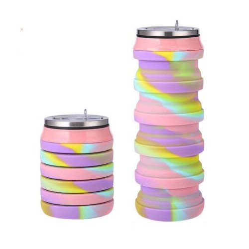 Collapsible silicone water bottle with pink pattern