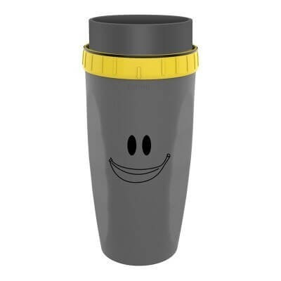 Screw-on, lockable travel cup with a gray emoji pattern