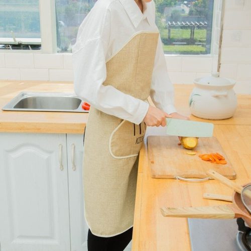 Waterproof kitchen apron, beige with Velcro and two-sided pocket design