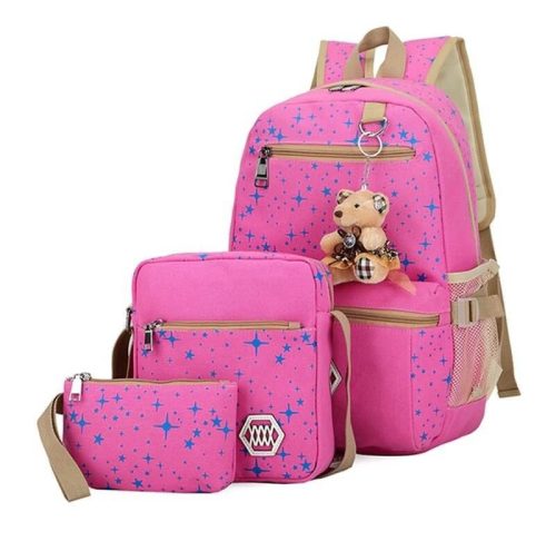 Schulranzen-Set 3-teilig (Rucksack, Seitentasche, Kosmetik-Accessoire-Tasche) rosa