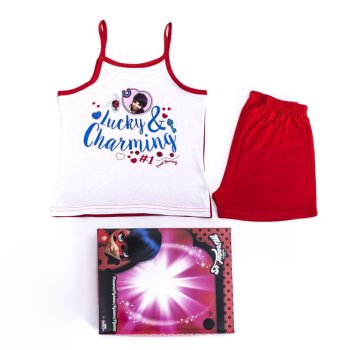 Katicabogár és Fekete Macska kalandjai kislány pamut pizsama - ujjatlan pizsama - nyári együttes - piros - 122   Katicabogár és Fekete Macska kalandjai kislány pamut pizsama - ujjatlan pizsama - nyári együttes - piros - 122