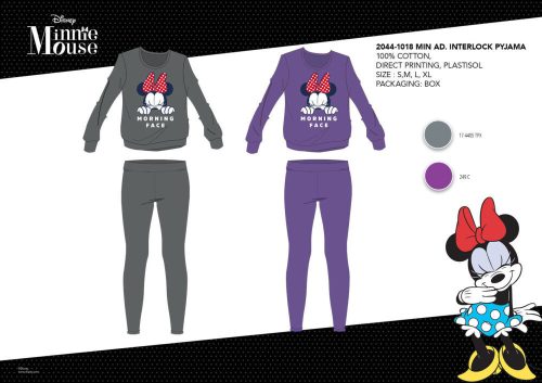 Zimowa bawełniana piżama damska typu interlock - Disney Minnie Mouse - z napisem Morning Face - fioletowa - L