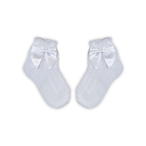 100% cotton baby girl baby ankle socks with crochet upper part - with bow decoration - white - 13-14