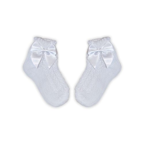 100% cotton baby girl baby ankle socks with crochet upper part - with bow decoration - white - 18-19