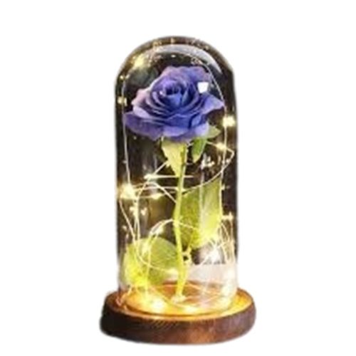 Mini világító LED-es kriogén rózsa búrában, 12cm, kék