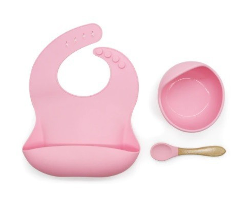 Silicone tableware for babies, adjustable bib and vacuum plate with spoon, pink