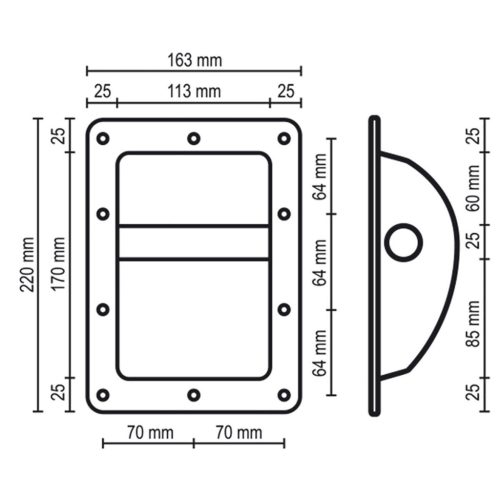SAL HT 203 süllyesztett fogantyú hangfalhoz, fém, 220 x 163 x 60 mm