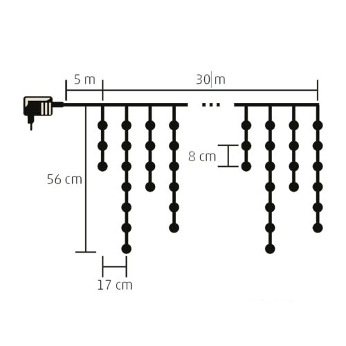 Home KKF 908/WW LED-es fényfüggöny, 30 m / 900 db melegfehér LED, 8 fényprogram, fehér vezeték, hálózati adapter, kül- és beltéri kivitel