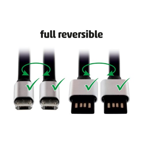 Home USBF 2 töltőkábel, 2 oldalú, fordítható, USB-A dugó, microUSB-B dugó, 2m, 2,1A, adatkábel