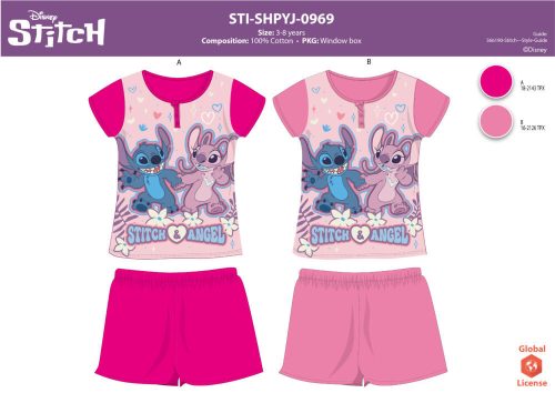 Letnia pijama dziecięca Stitch z kortkym rówkakiem dla dziewczinek - pijama bawełniana - róża - 110