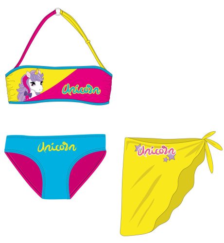 Unicorn swimsuit set - bikini+skirt for little girls - pink-turquoise-blue-yellow - 104