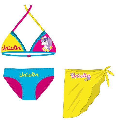 Unikornis fürdőruha szett - bikini háromszög felsőrésszel+szoknya kislányoknak - türkizkék-pink-sárga - 104