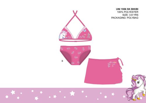 Set costume de baie unicorn pentru fetite - bikini cu top triunghi + fusta - roz - 98