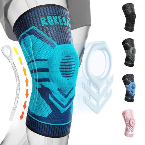 Rokesa Knee Brace, Professional Pain Relief with Side Stabilizers and Patella Gel Size M (Turquoise Blue)