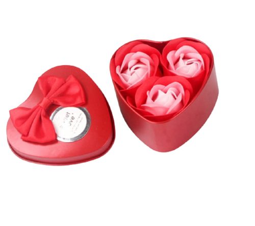 Red heart box with 3 soap roses