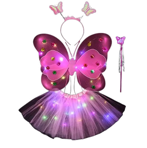 Light-up butterfly costume, with headband and magic wand, pink